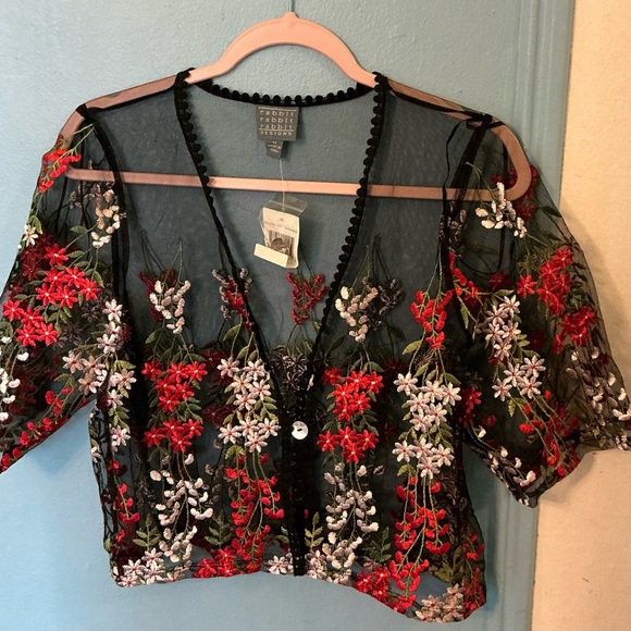 Floral Embroidered Sheer Black Top - Picture 1 of 2
